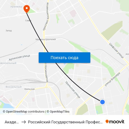 Академическая to Российский Государственный Профессионально-Педагогический Университет map