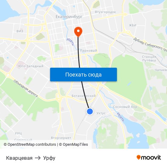 Кварцевая to Урфу map