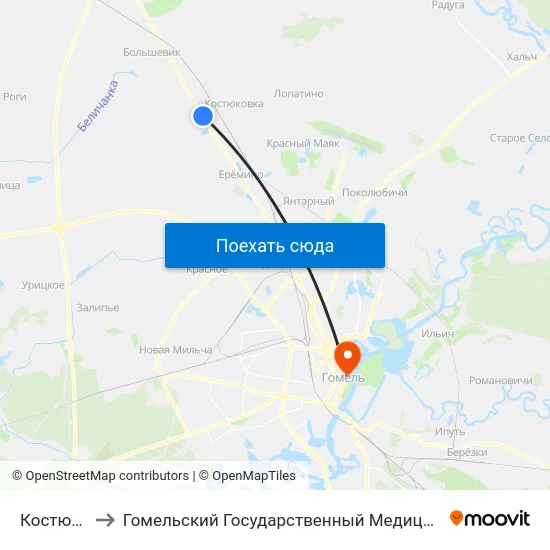 Костюковка to Гомельский Государственный Медицинский Университет map