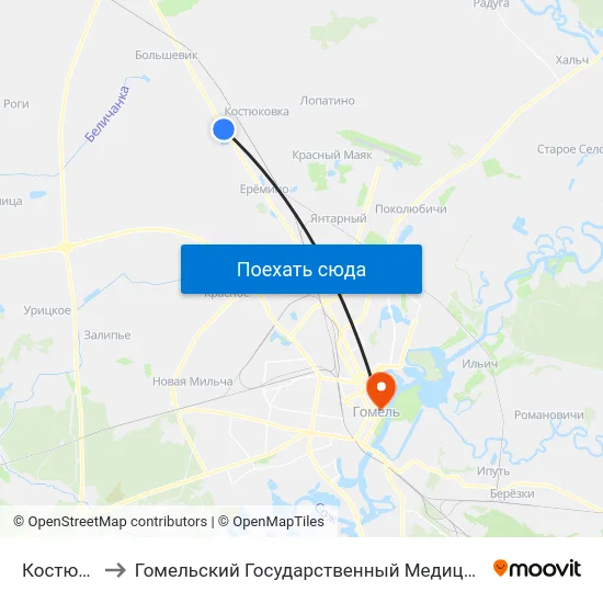 Костюковка to Гомельский Государственный Медицинский Университет map