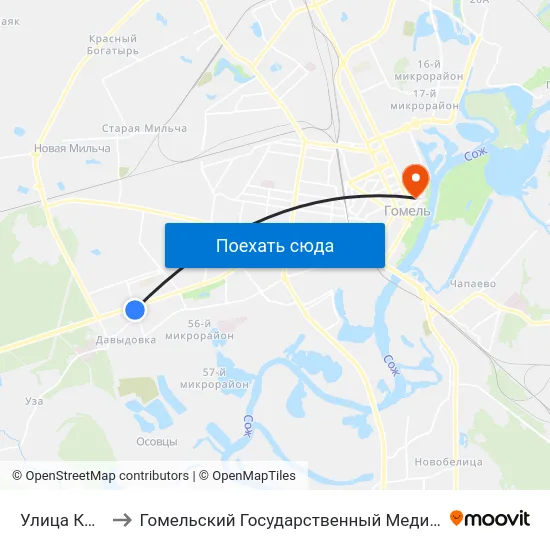 Улица Косарева to Гомельский Государственный Медицинский Университет map