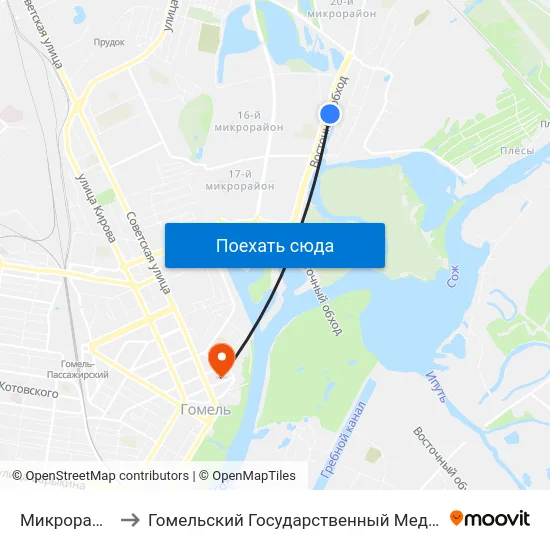 Микрорайон № 19 to Гомельский Государственный Медицинский Университет map