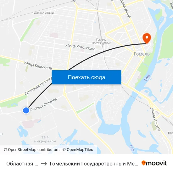 Областная Больница to Гомельский Государственный Медицинский Университет map