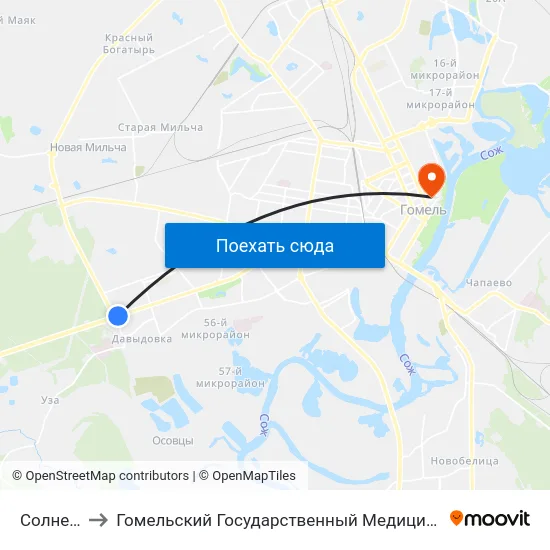 Солнечная to Гомельский Государственный Медицинский Университет map