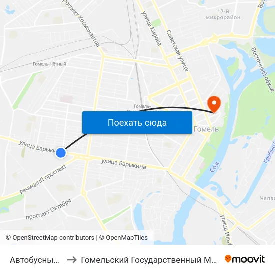 Автобусный Парк № 1 to Гомельский Государственный Медицинский Университет map