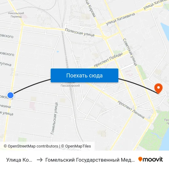 Улица Котовского to Гомельский Государственный Медицинский Университет map