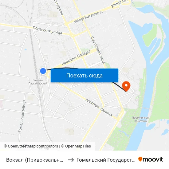 Вокзал (Привокзальная Площадь, У Гостиницы «Гомель») to Гомельский Государственный Медицинский Университет map