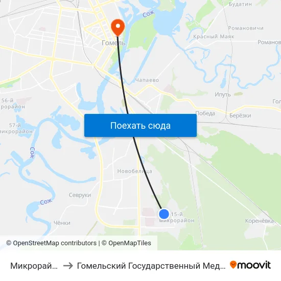 Микрорайон Химы to Гомельский Государственный Медицинский Университет map