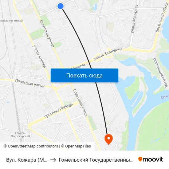 Вул. Кожара (Магазин «Океан») to Гомельский Государственный Медицинский Университет map