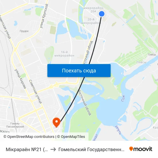 Мiкрараён №21 (Микрорайон № 21) to Гомельский Государственный Медицинский Университет map