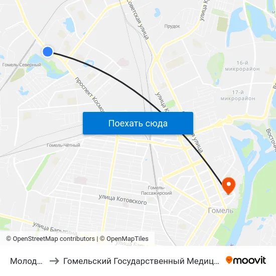 Молодёжная to Гомельский Государственный Медицинский Университет map