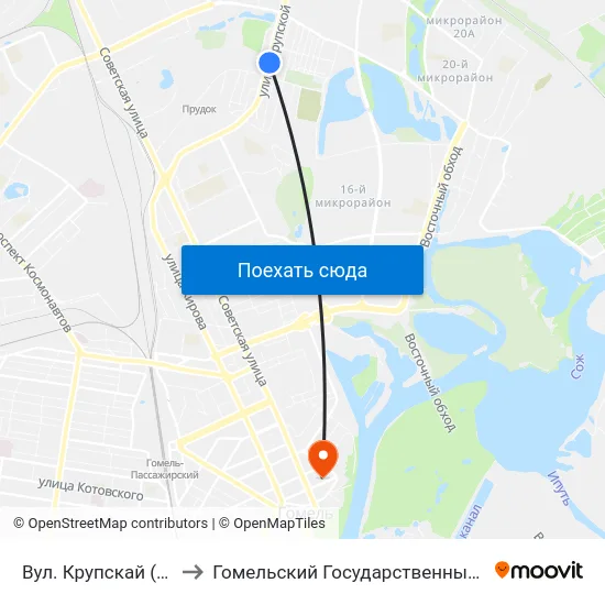 Вул. Крупскай (Улица Крупской) to Гомельский Государственный Медицинский Университет map