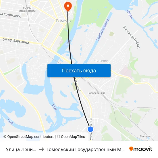 Улица Ленинградская to Гомельский Государственный Медицинский Университет map