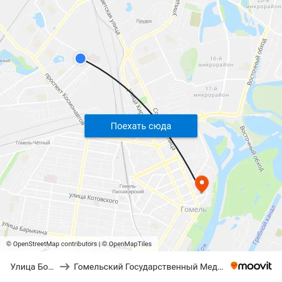 Улица Богданова to Гомельский Государственный Медицинский Университет map
