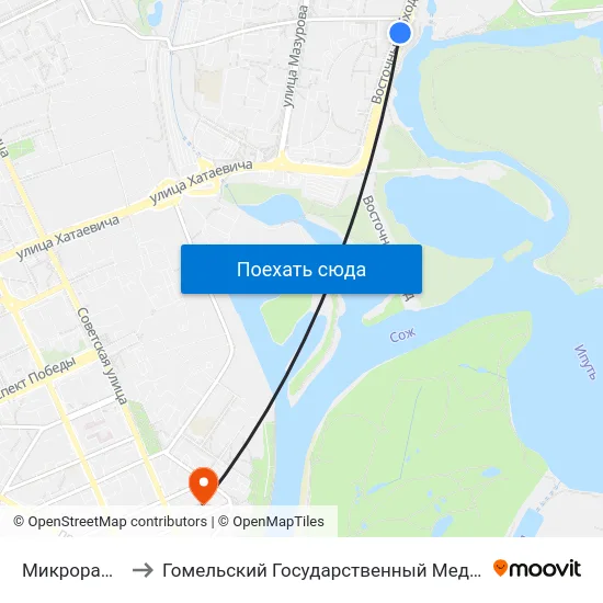 Микрорайон № 18 to Гомельский Государственный Медицинский Университет map