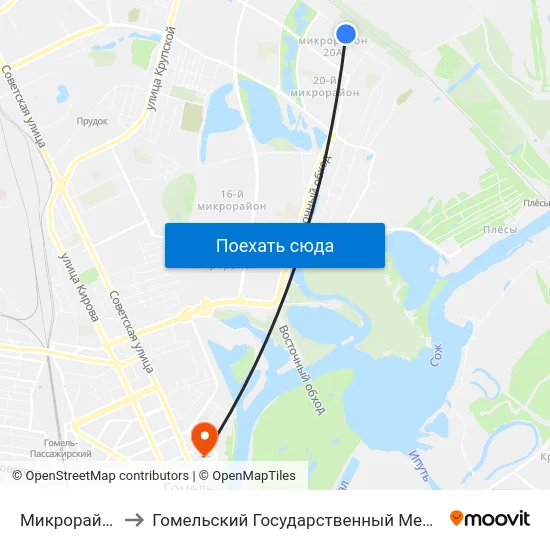 Микрорайон № 20а to Гомельский Государственный Медицинский Университет map