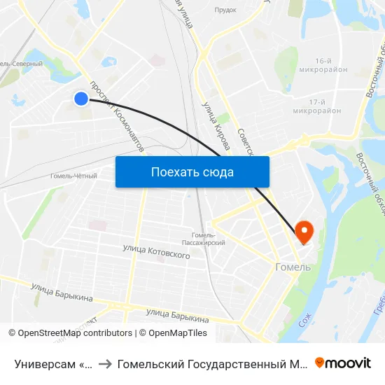 Универсам «Северный» to Гомельский Государственный Медицинский Университет map