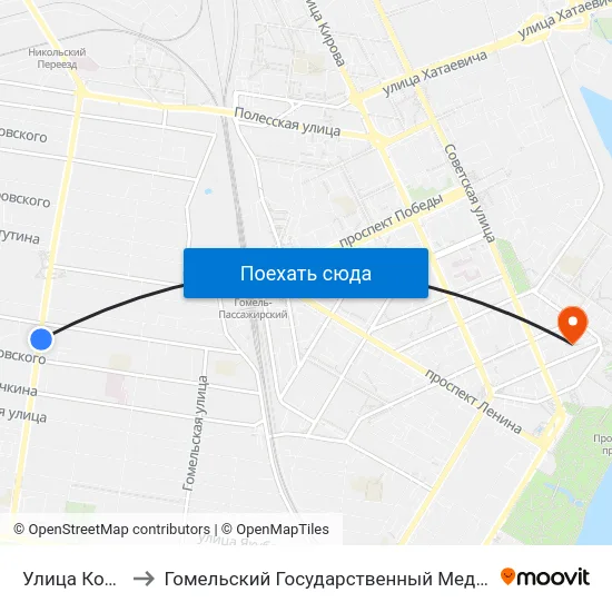 Улица Котовского to Гомельский Государственный Медицинский Университет map