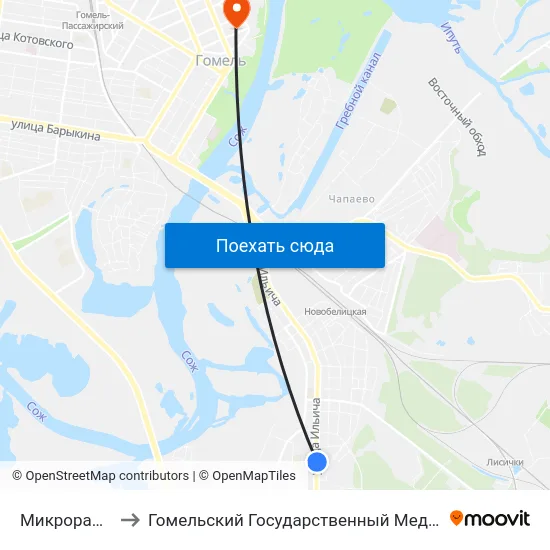 Микрорайон № 35 to Гомельский Государственный Медицинский Университет map