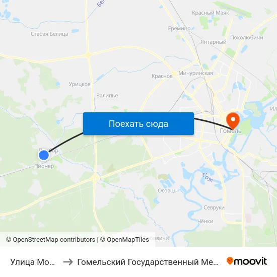 Улица Молодёжная to Гомельский Государственный Медицинский Университет map