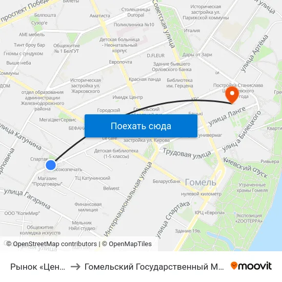 Рынок «Центральный» to Гомельский Государственный Медицинский Университет map