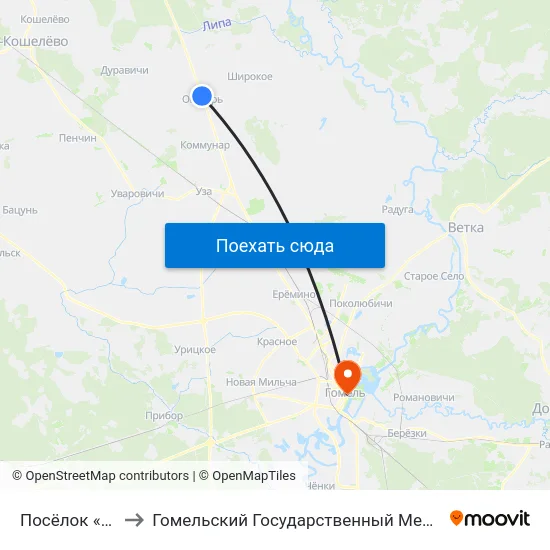Посёлок «Октябрь» to Гомельский Государственный Медицинский Университет map