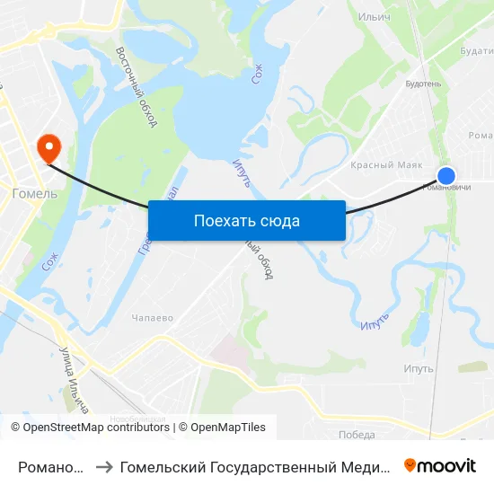 Романовичи￼ to Гомельский Государственный Медицинский Университет map