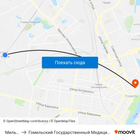 Мильча￼ to Гомельский Государственный Медицинский Университет map