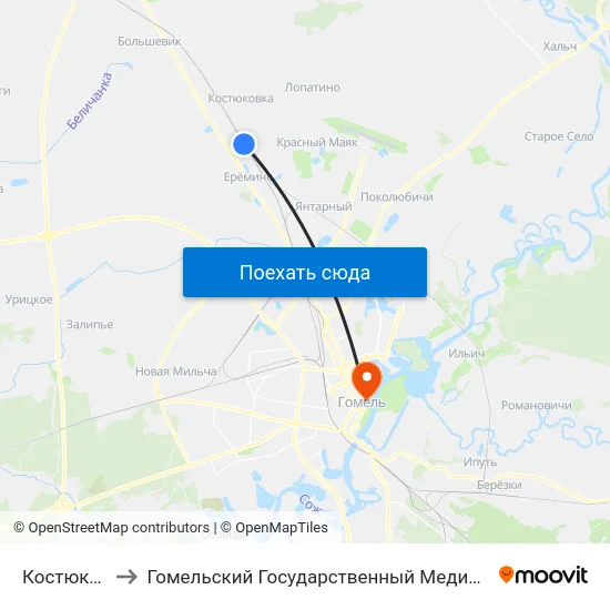 Костюковка￼ to Гомельский Государственный Медицинский Университет map