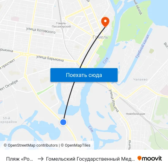 Пляж «Роповский» to Гомельский Государственный Медицинский Университет map