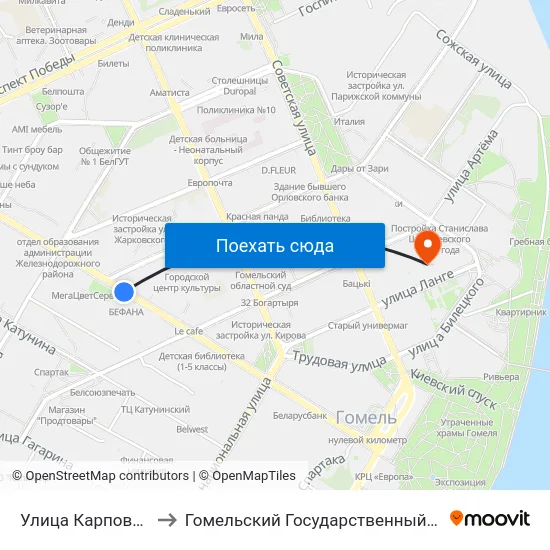 Улица Карповича (Пригород) to Гомельский Государственный Медицинский Университет map