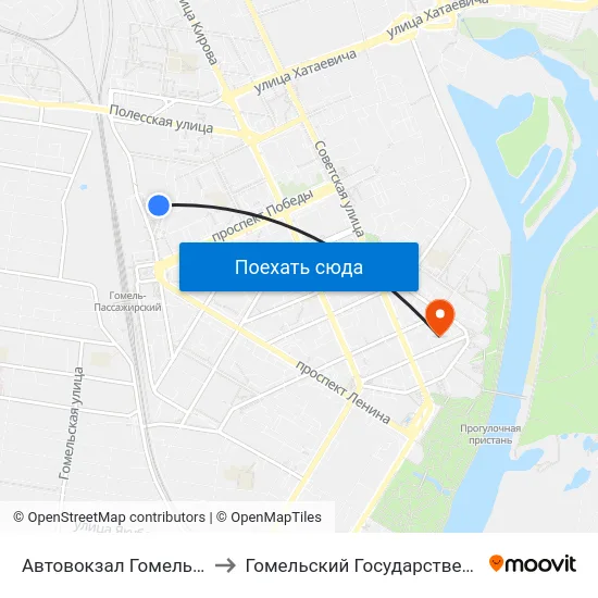 Автовокзал Гомель (Пригородные Автобусы) to Гомельский Государственный Медицинский Университет map