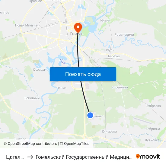 Цагельня-1 to Гомельский Государственный Медицинский Университет map