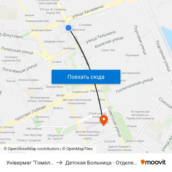 Універмаг “Гомель” (Универмаг «Гомель») to Детская Больница - Отделение Диагностических Исследований map