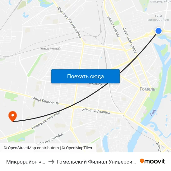 Микрорайон «Мельников Луг» to Гомельский Филиал Университета Гражданской Защиты Мчс map