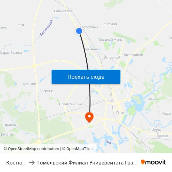 Костюковка to Гомельский Филиал Университета Гражданской Защиты Мчс map