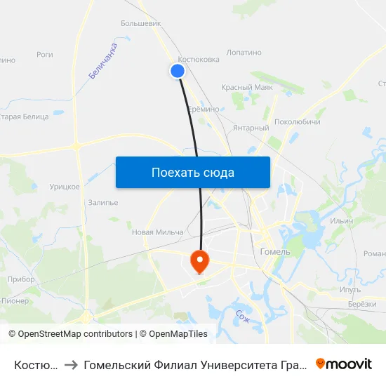 Костюковка to Гомельский Филиал Университета Гражданской Защиты Мчс map