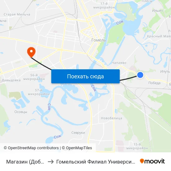 Магазин (Добрушская Улица) to Гомельский Филиал Университета Гражданской Защиты Мчс map