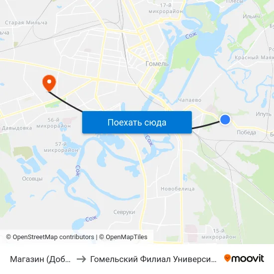 Магазин (Добрушская Улица) to Гомельский Филиал Университета Гражданской Защиты Мчс map
