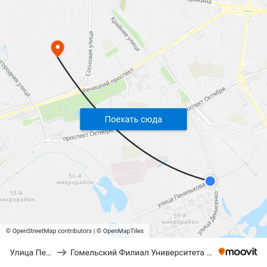 Улица Пенязькова to Гомельский Филиал Университета Гражданской Защиты Мчс map