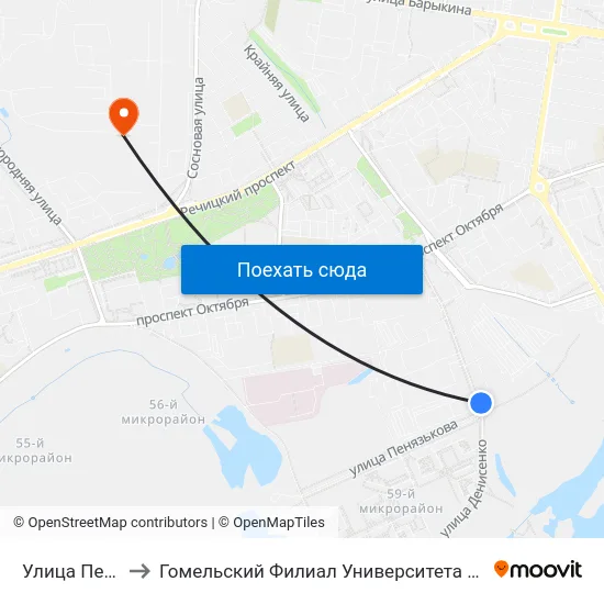 Улица Пенязькова to Гомельский Филиал Университета Гражданской Защиты Мчс map