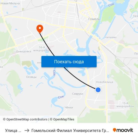 Улица Белого to Гомельский Филиал Университета Гражданской Защиты Мчс map