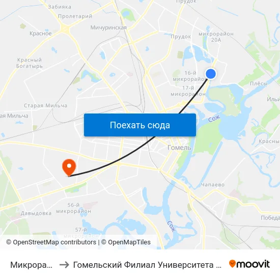 Микрорайон № 19 to Гомельский Филиал Университета Гражданской Защиты Мчс map