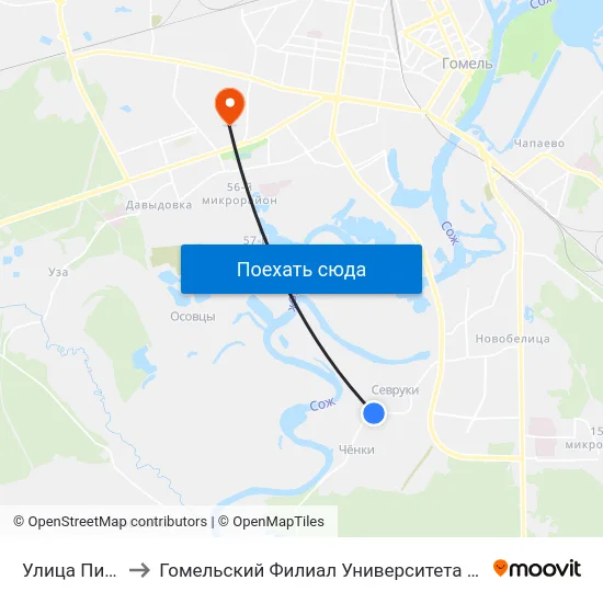 Улица Пионерская to Гомельский Филиал Университета Гражданской Защиты Мчс map