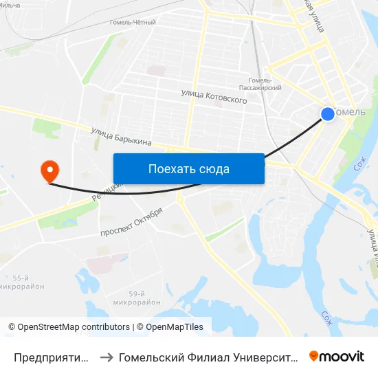 Предприятие «Коминтерн» to Гомельский Филиал Университета Гражданской Защиты Мчс map