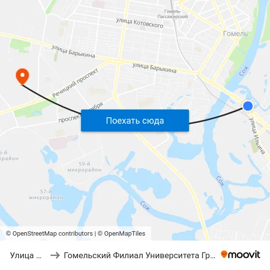 Улица Луговая to Гомельский Филиал Университета Гражданской Защиты Мчс map