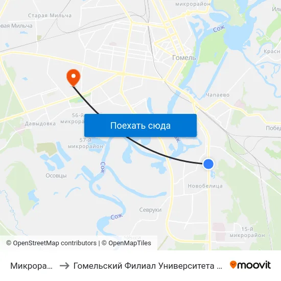 Микрорайон № 35 to Гомельский Филиал Университета Гражданской Защиты Мчс map