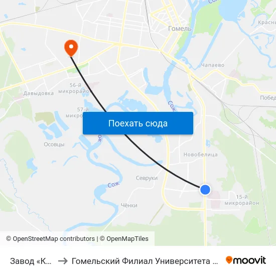 Завод «Кристалл» to Гомельский Филиал Университета Гражданской Защиты Мчс map