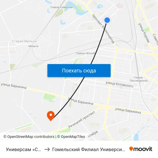 Универсам «Сельмашевский» to Гомельский Филиал Университета Гражданской Защиты Мчс map