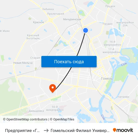 Предприятие «Горэлектротранспорт» to Гомельский Филиал Университета Гражданской Защиты Мчс map